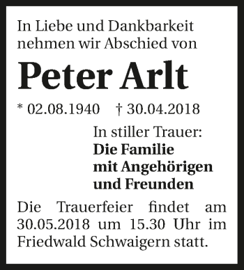 Traueranzeige von Peter Arlt 