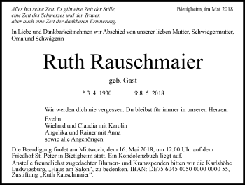 Traueranzeige von Ruth Rauschmaier 