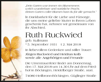 Traueranzeige von Ruth Ruckwied 