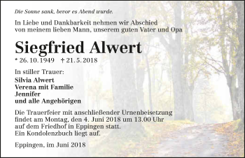 Traueranzeige von Siegfried Alwert 