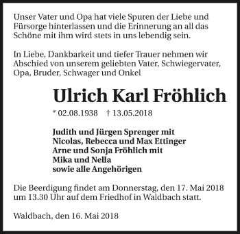 Traueranzeige von Ulrich Karl Fröhlich 
