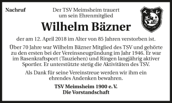 Traueranzeige von Wilhelm Bäzner 