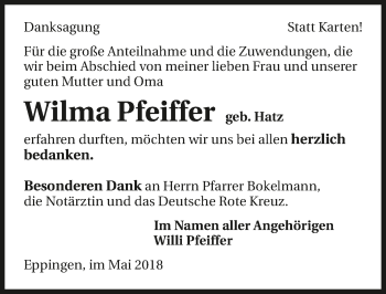 Traueranzeige von Wilma Pfeiffer 