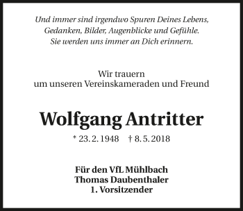 Traueranzeige von Wolfgang Antritter 