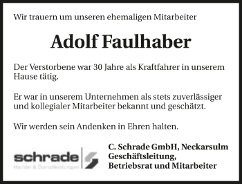 Traueranzeige von Adolf Faulhaber 