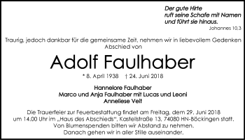 Traueranzeige von Adolf Faulhaber 