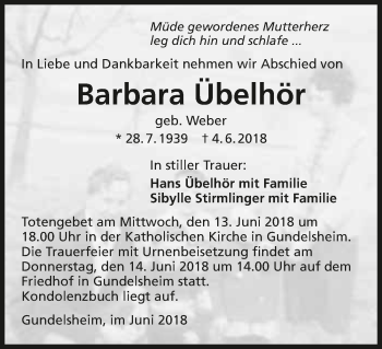 Traueranzeige von Barbara Übelhör 