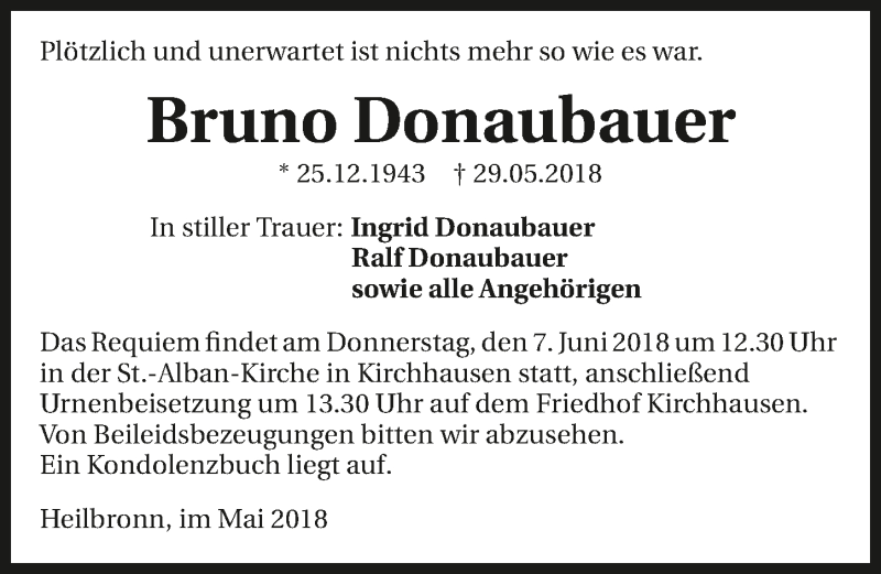  Traueranzeige für Bruno Donaubauer vom 05.06.2018 aus 