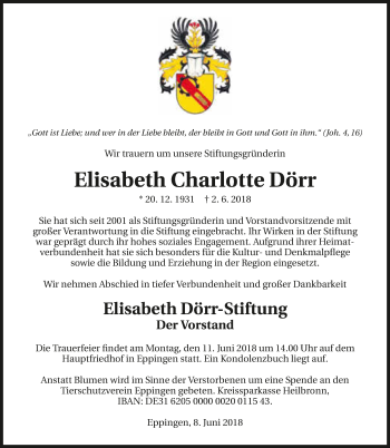 Traueranzeige von Elisabeth Dörr 