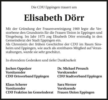 Traueranzeige von Elisabeth Dörr 