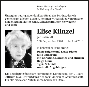 Traueranzeige von Elise Künzel 