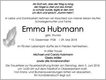 Traueranzeige von Emma Hubmann 