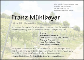 Traueranzeige von Franz Mühlbeyer 