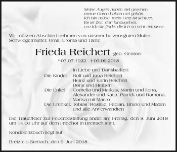 Traueranzeige von Frieda Reichert 