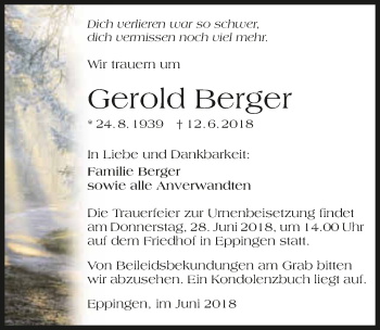 Traueranzeige von Gerold Berger 