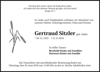 Traueranzeige von Gertraud Sitzler 