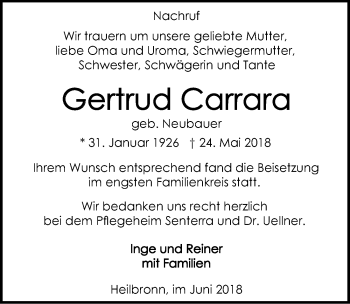 Traueranzeige von Gertrud Carrara 