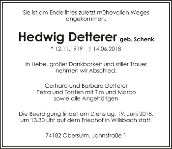 Traueranzeige von Hedwig Detterer 