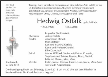 Traueranzeige von Hedwig Ostfalk 