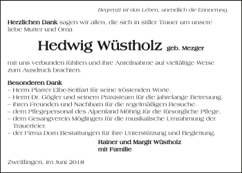 Traueranzeige von Hedwig Wüstholz 