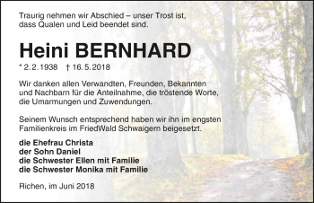 Traueranzeige von Heini Bernhard 