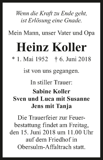 Traueranzeige von Heinz Koller 