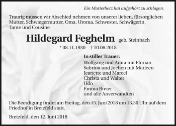 Traueranzeige von Hildegard Feghelm 