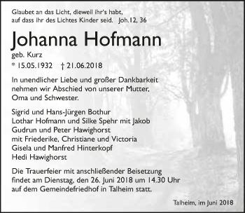 Traueranzeige von Johanna Hofmann 