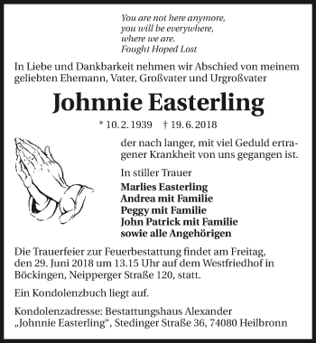 Traueranzeige von Johnnie Easterling 