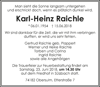 Traueranzeige von Karl-Heinz Raichle 