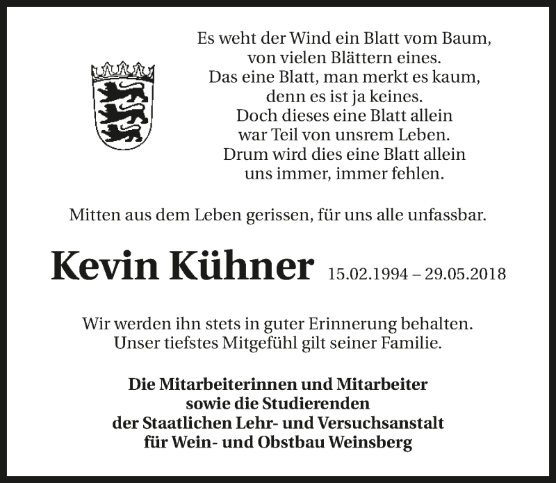  Traueranzeige für Kevin Kühner vom 05.06.2018 aus 