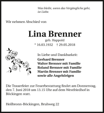 Traueranzeige von Lina Brenner 