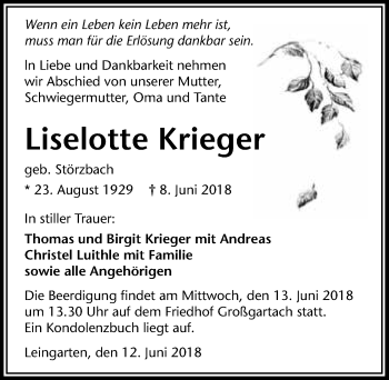 Traueranzeige von Liselotte Krieger 