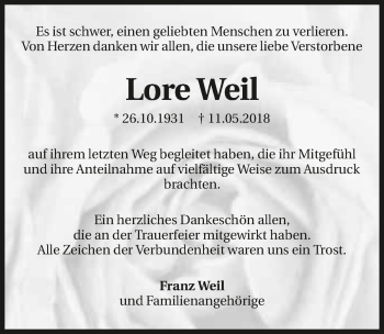 Traueranzeige von Lore Weil 