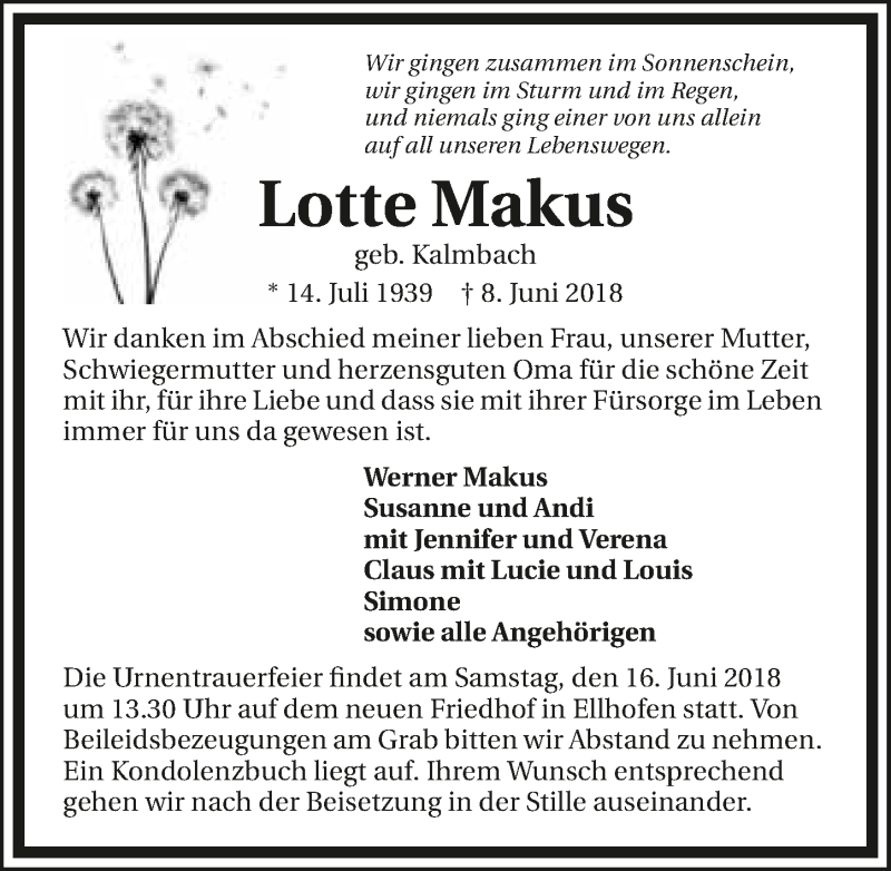  Traueranzeige für Lotte Makus vom 09.06.2018 aus 