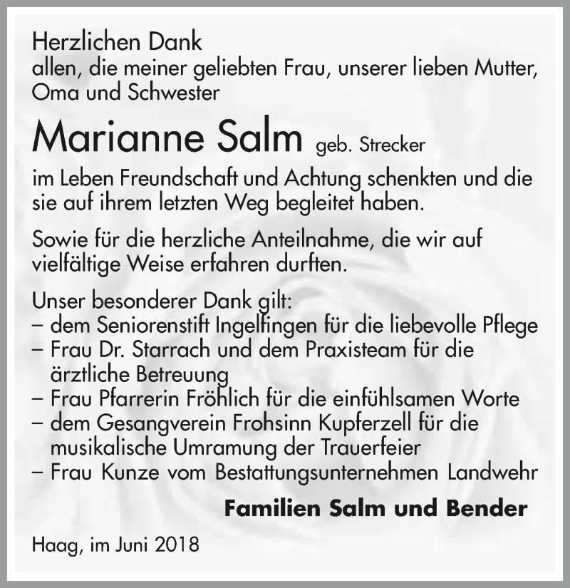  Traueranzeige für Marianne Salm vom 15.06.2018 aus 