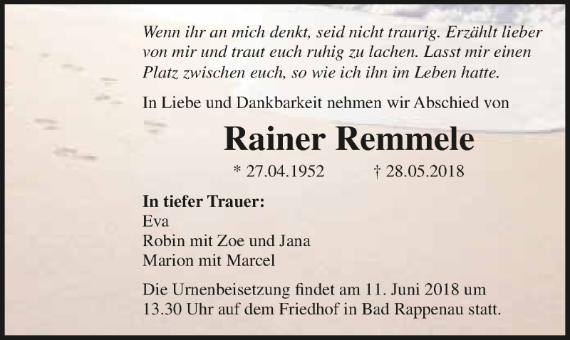  Traueranzeige für Rainer Remmele vom 05.06.2018 aus 