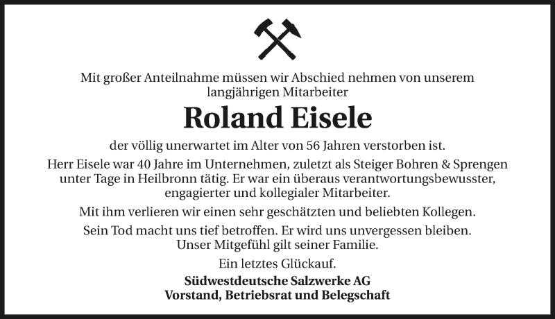  Traueranzeige für Roland Eisele vom 02.06.2018 aus 