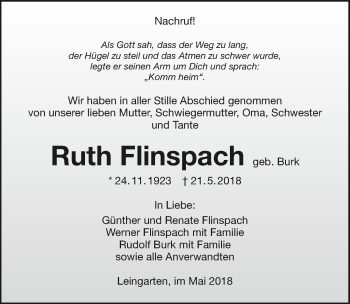 Traueranzeige von Ruth Flinspach 