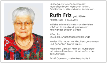 Traueranzeige von Ruth Friz 