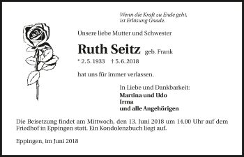 Traueranzeige von Ruth Seitz 