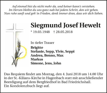 Traueranzeige von Siegmund Josef Hewelt 