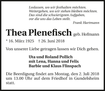 Traueranzeige von Thea Plenefisch 