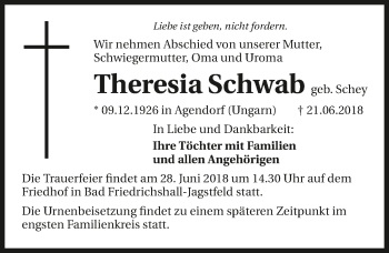 Traueranzeige von Theresia Schwab 