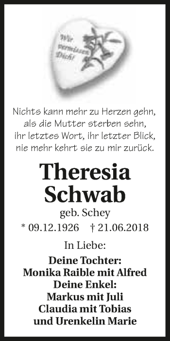 Traueranzeige von Theresia Schwab 