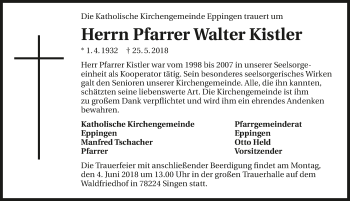 Traueranzeige von Walter Kistler 