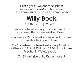 Traueranzeige von Willy Bock 