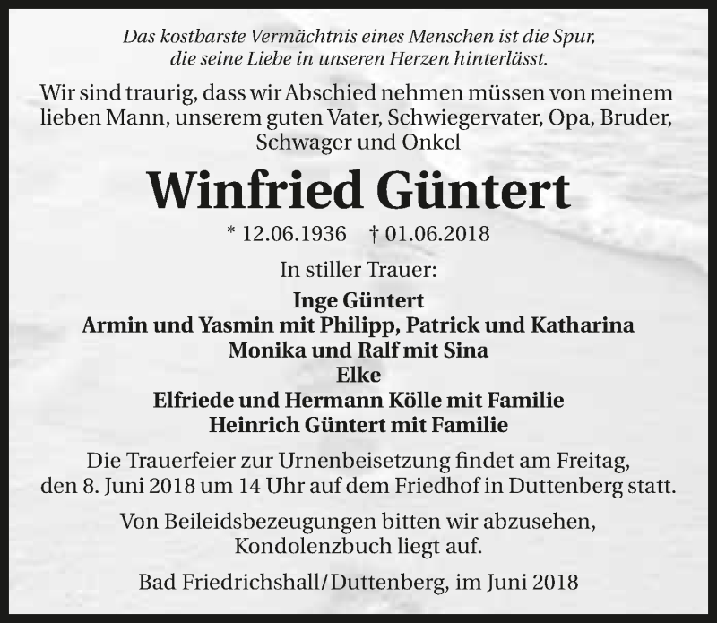  Traueranzeige für Winfried Güntert vom 05.06.2018 aus 