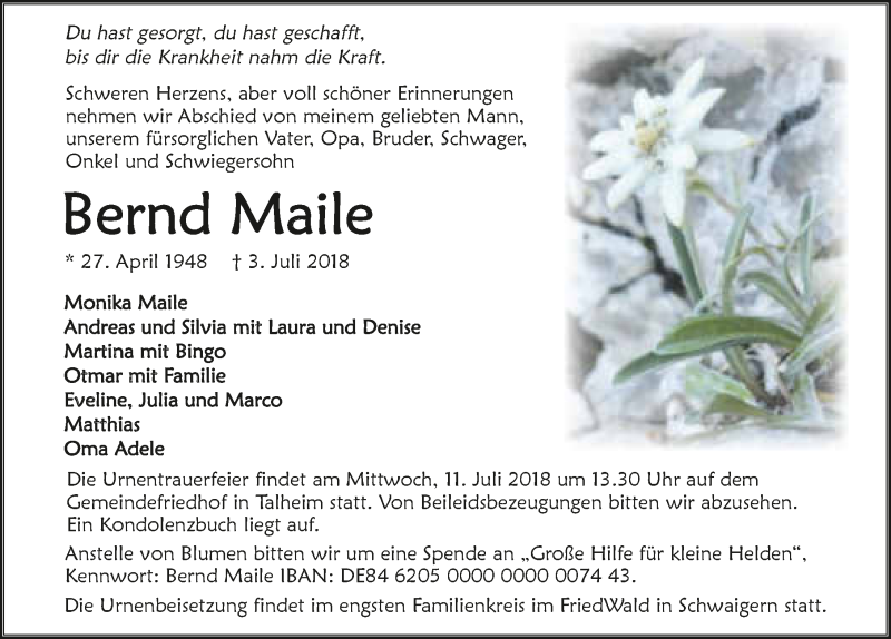  Traueranzeige für Bernd Maile vom 07.07.2018 aus 