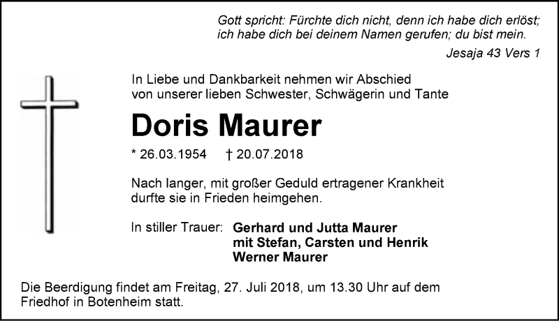  Traueranzeige für Doris Maurer vom 24.07.2018 aus 